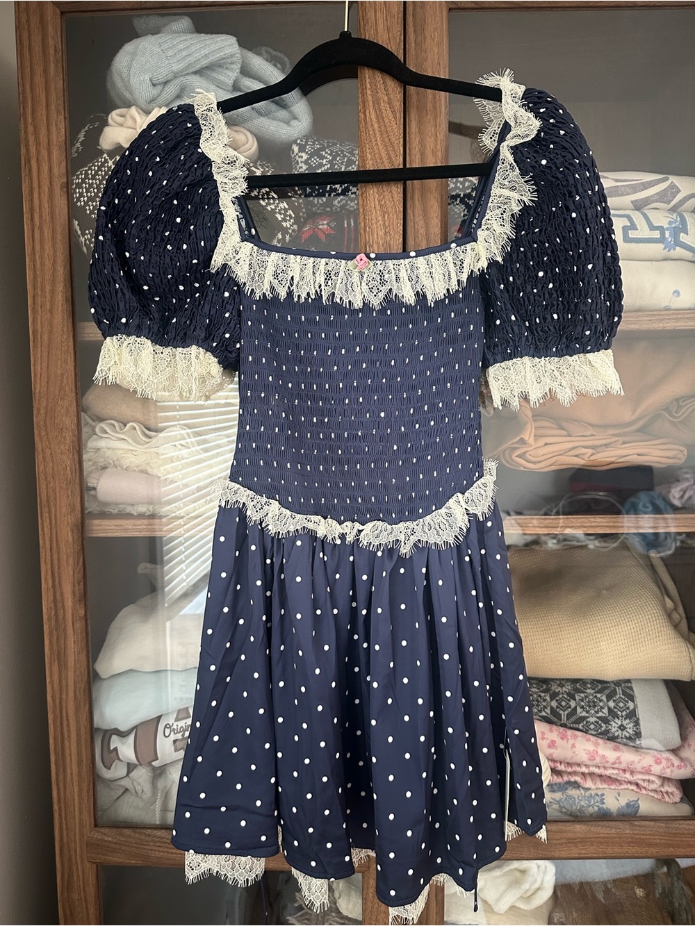 For Love And Lemons Navy Polka Dot Lace-Trim Mini Dress